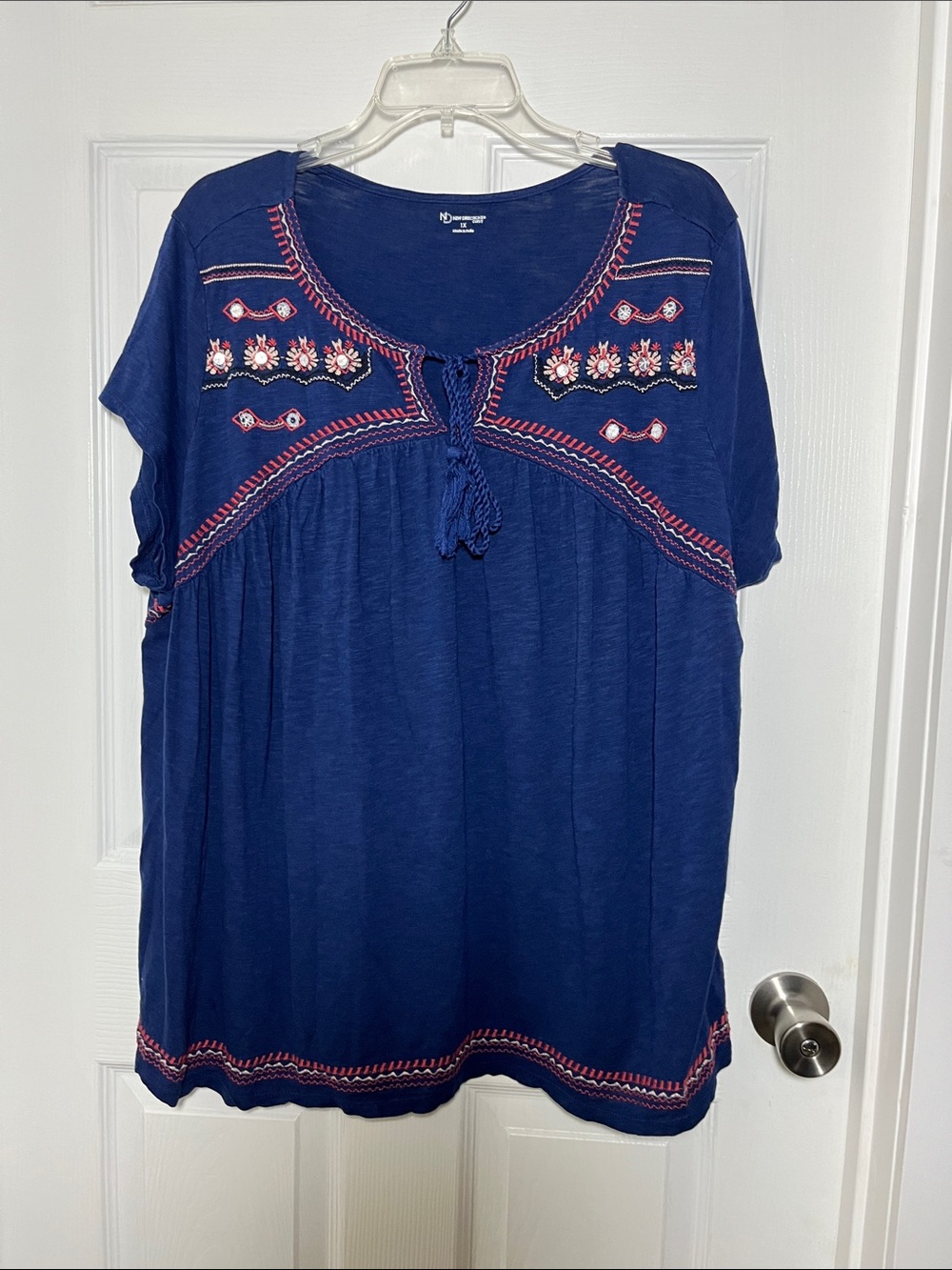 new directions Navy Blue Curvy Embroidered Peasant Blouse